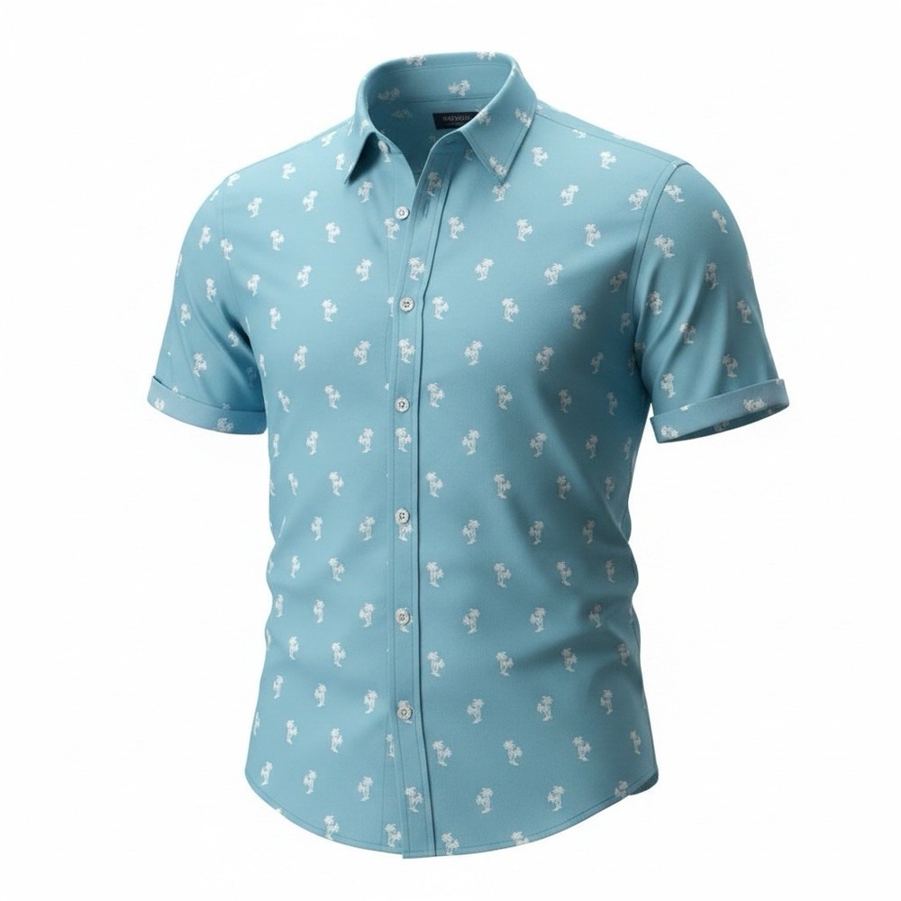 IZOD Men's L Blue Palm Tree Tropical Woven Cotton Short Sleeve Point Button-Up